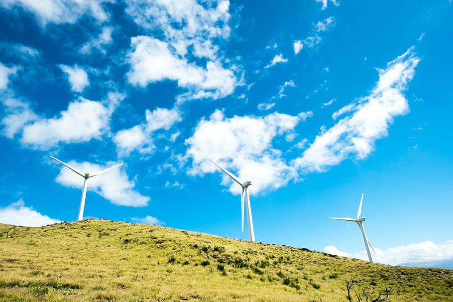 white wind turbine, green, grass, grassland, mountain, landscape, nature, field, farm, blue