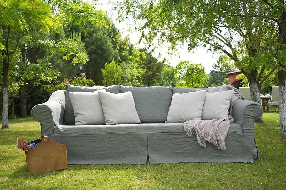 grey, sofa, four, white, throw, pillows, Furniture, Design, Architecture, furniture, design