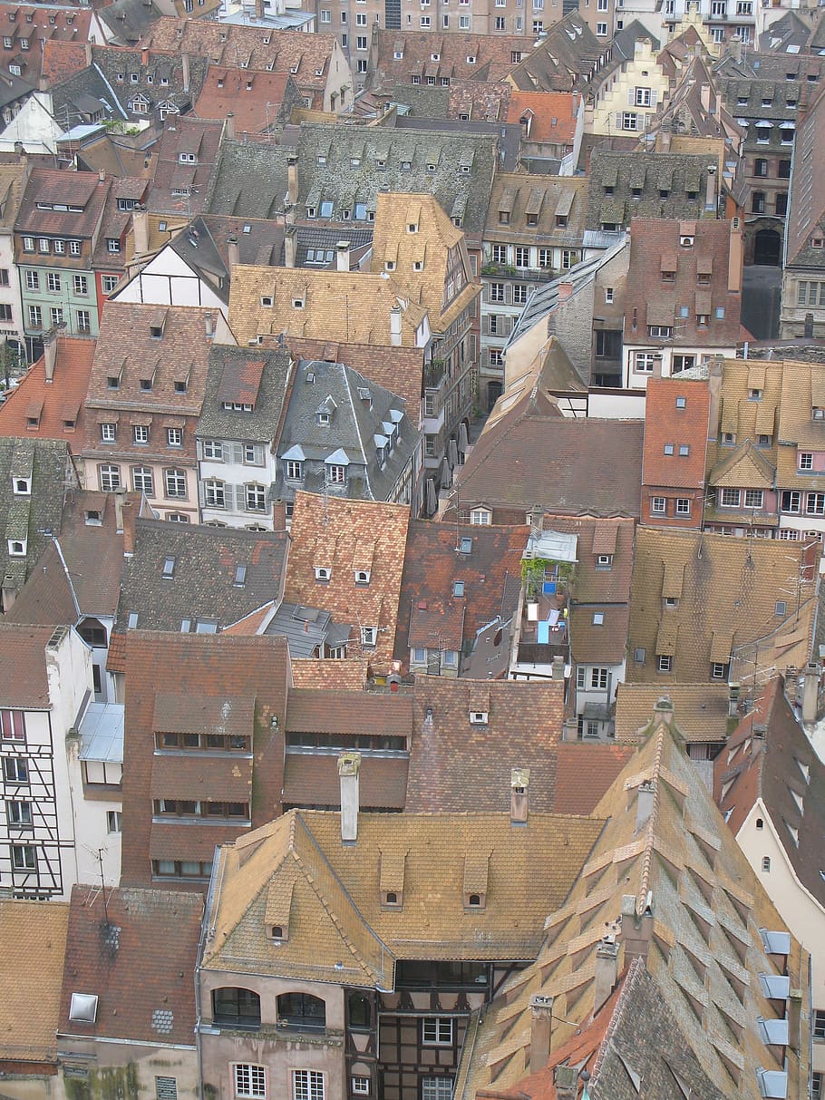 屋根, ストラスブール, フランス, 家, 曲がりくねった, ドーマ窓, 旧市街, 鳥瞰図, 古い, 都市