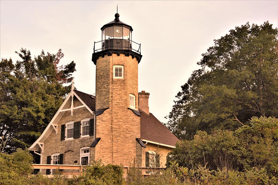 lighthouse, old, lake michigan, tower, vacant, lake, coast, sea travel, sea, ocean