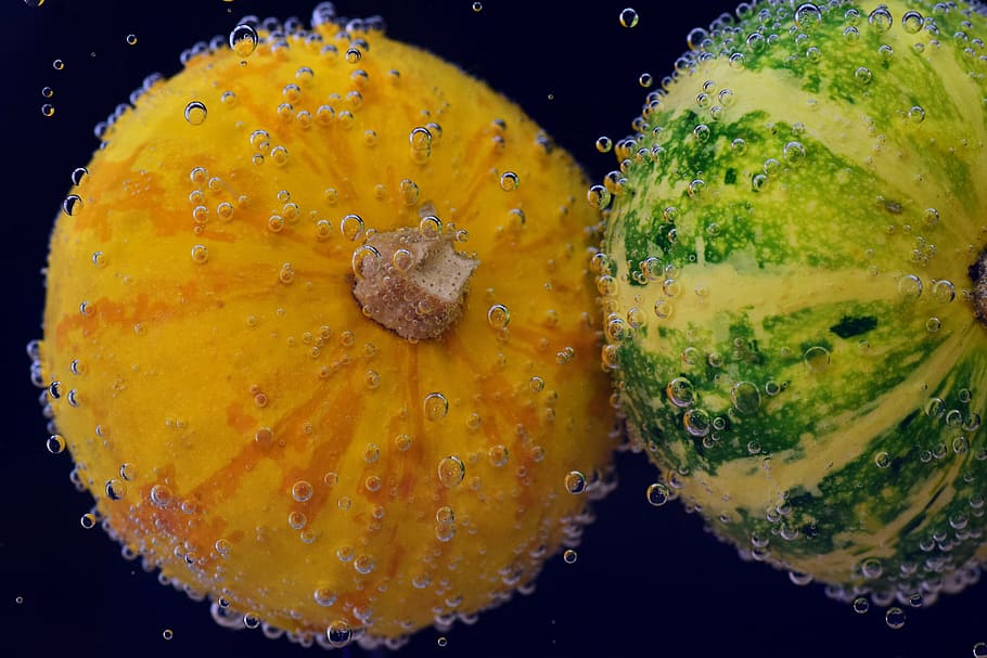 calabaza, halloween, verde, naranja, amarillo, bajo el agua, grasa, soplar, burbujas de agua, burbujas de gas