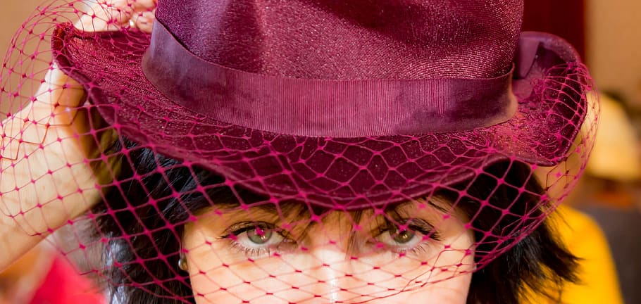 woman, cap, veil, fashion, one person, portrait, headshot, adult, clothing, close-up