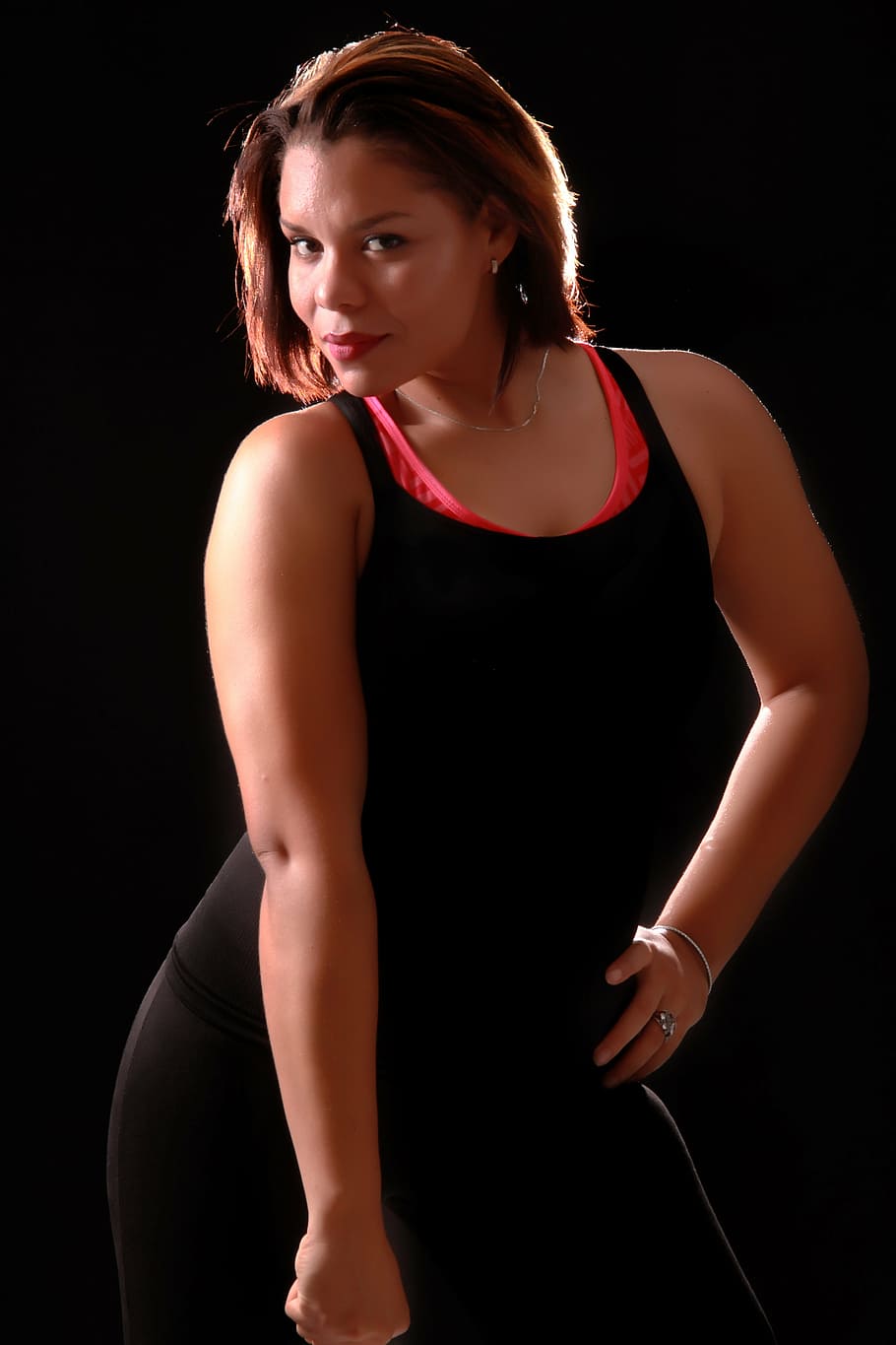 fotografia de close-up, mulher, preto, tanque, topo, academia, beleza, atleta, figura, república dominicana