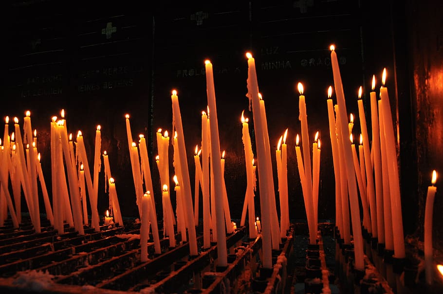 iluminado, velas, preto, barras, fogo, rezar, religião, brilhando, crença, noite