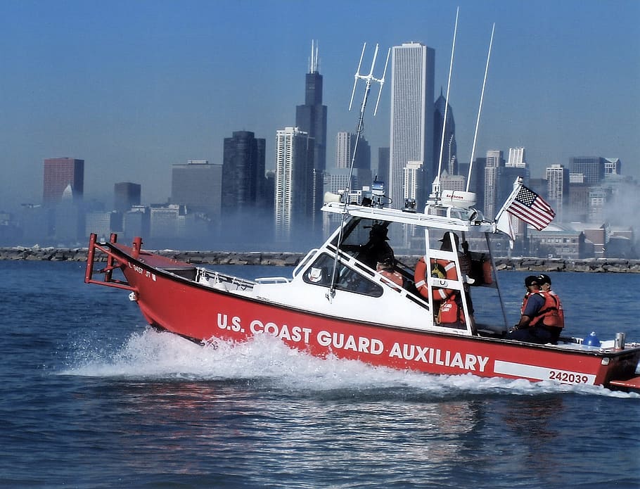 Guarda costeira, patrulha, auxiliar, porto, barco, segurança, chicago, nevoeiro, água, navio
