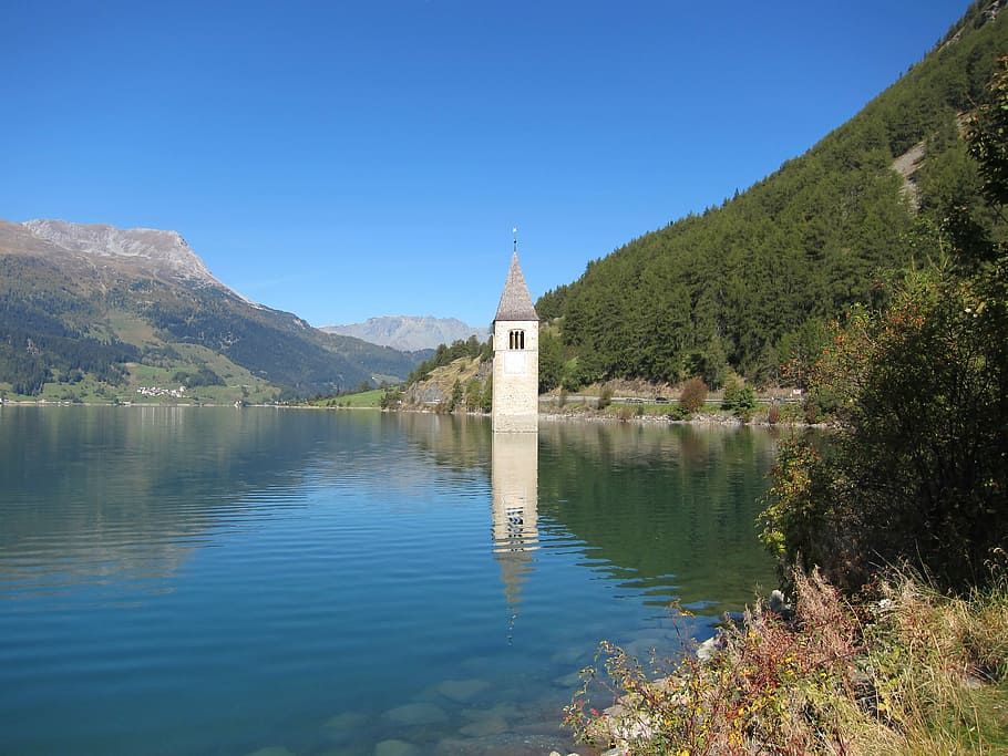 Reschensee, Reschen Pass, Tirol del Sur, lago, campanario, bajo el agua, agua, montaña, arquitectura, estructura construida