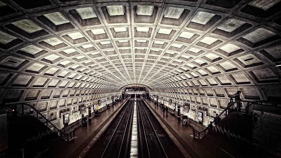 tren ferrocarril metro, tren, metro, estación, Washington DC, viajar, rieles, escaleras, tránsito, transporte