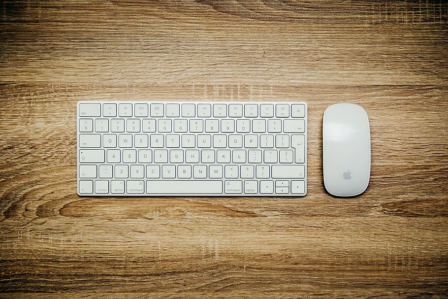 apple magic keyboard, magic mouse, keyboard, type, letters, gadget, white, aesthetic, wood, table