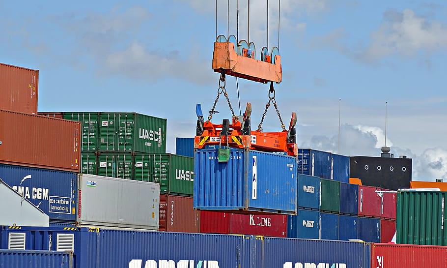 orange, heavy, equipment, piling, container vans, container, crane, port, transport, freight Transportation