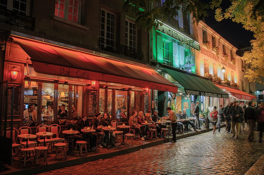 group, people, sitting, awning, paris, night, france, romantic, illuminated, montmartre