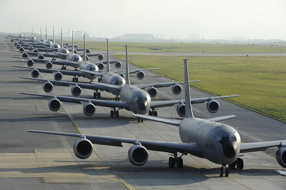 gray, daytime, Airplanes, Runway, Military, line, planes, jets, aviation, flight