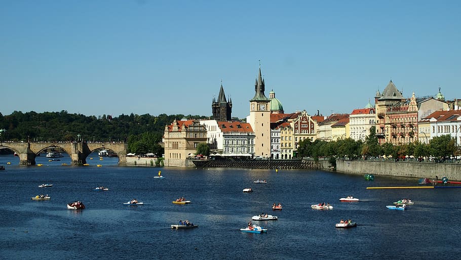 prague, moldova, charles bridge, architecture, praha, panorama, old town, pedal boat, czech republic, building exterior