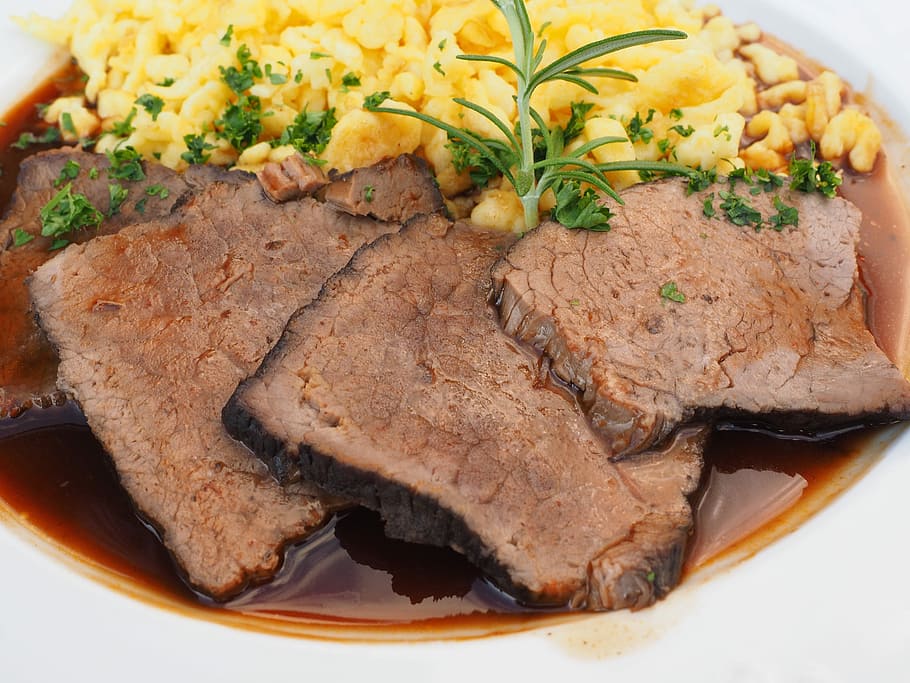 cooked meats, Sauerbraten, Meat, Dish, Pot Roast, meat dish, braised roast, side dishes, spätzle, eat