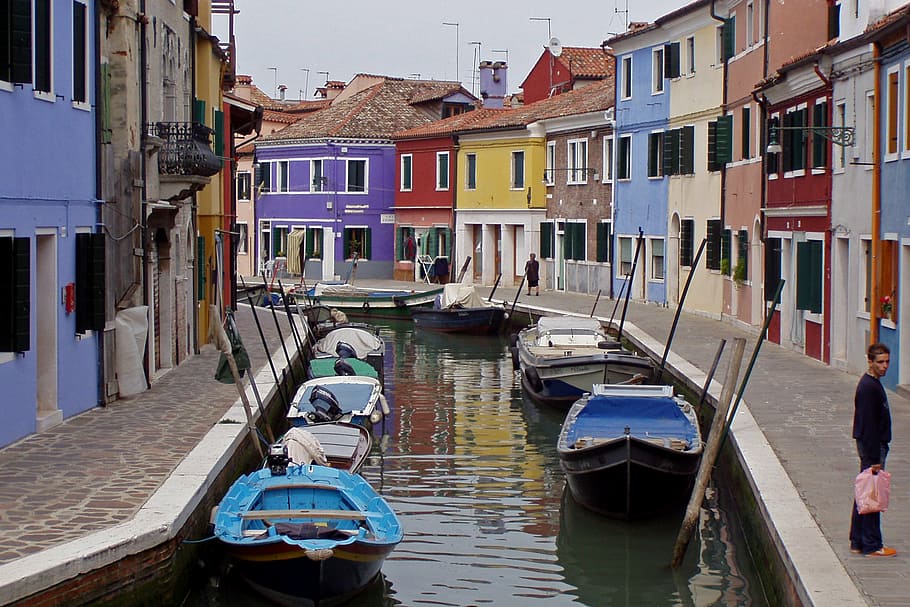 multicolored, buildings, canal, middle, murano, venice, italy, channel, water, boats