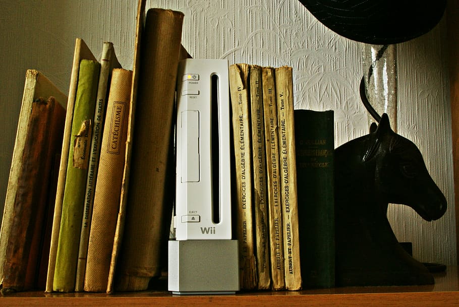 books, bookends, games, shelf, old book, wii, console, book, library, literature