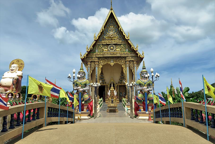 temple, thailand, koh samui, religion, sky, architecture, cloud - sky, belief, built structure, spirituality