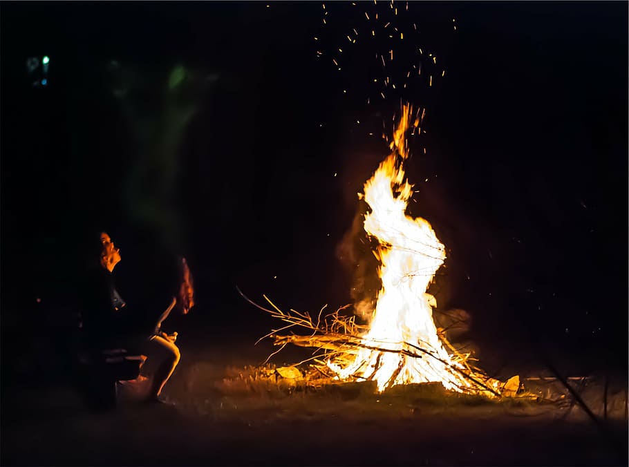 person, sitting, bonfire, two, near, camping, flames, wood, sticks, branches