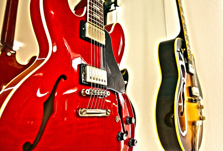 gitar listrik merah, gitar e, Gibson, lespaul, gitar, musik, instrumen, elektrik, string, merah
