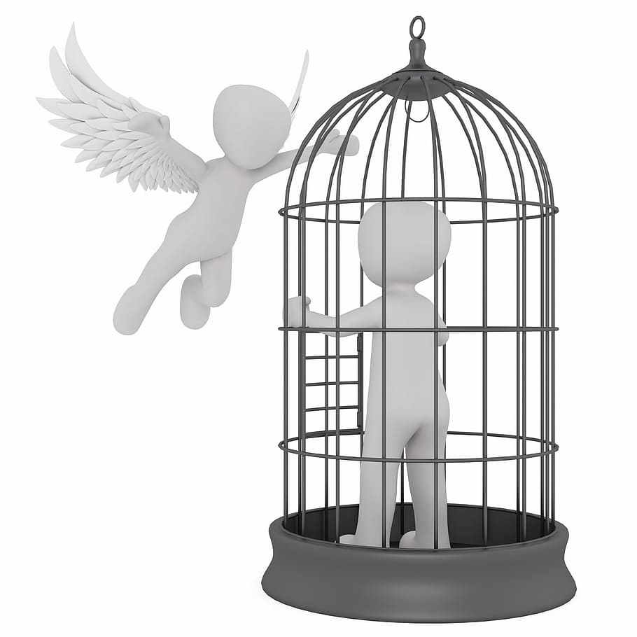 person, black, metal cage, angel illustration, males, 3d model, isolated, 3d, model, full body
