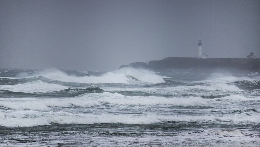 Yaquina, lighthouse, winter storm, Oregon, big, waves, crashing, shore, water, sea