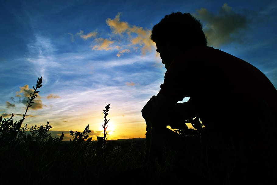 sunset, sky, silhouette, nature, widescreen, landscape, cloud - sky, one person, beauty in nature, plant