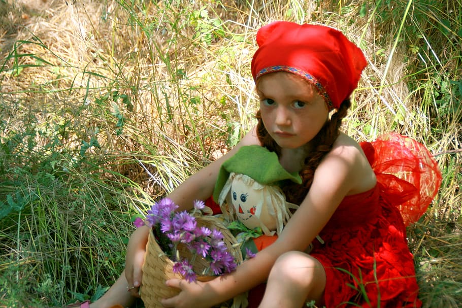 Girl, Little Red Riding Hood, red, forest, basket, story, children only, child, childhood, one person