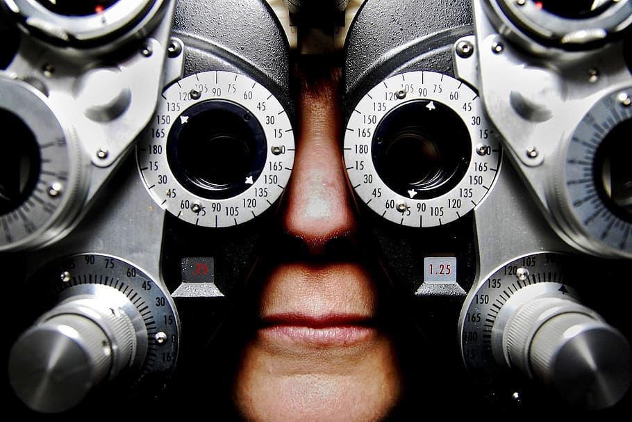 gris, negro, equipo de metal, anteojos, examen, optometría, visión, vista, médico, salud