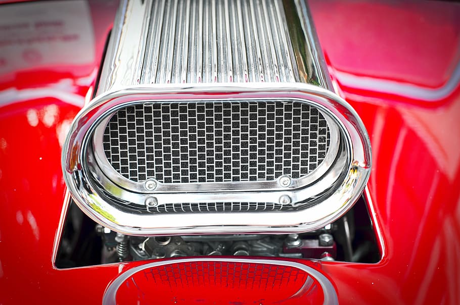supercharger, blower, power, racing, hot rod, red, metal, retro styled, close-up, mode of transportation