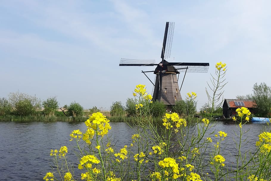 windmill, calm, body, water, nature, landscape, sky, mill, tourist, flour
