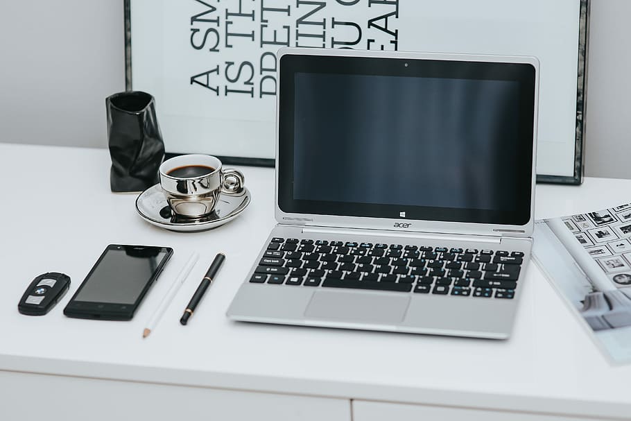 white, desk, Laptop computer, interior, minimal, workspace, workplace, tech, computer, technology