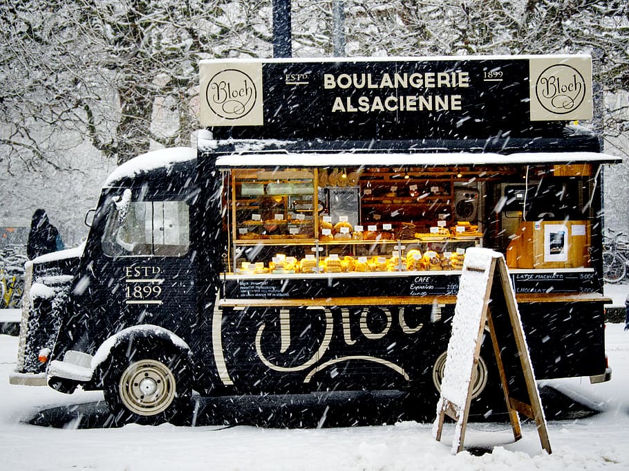 boulangerie, bread, truck, van, store, vintage, classic, retro, snow, winter