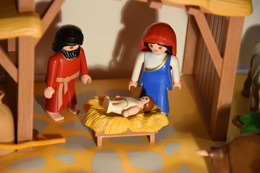 close-up photo, nativity minifig toys, Christmas, Nursery, Jesus, Nativity, religion, christianity, birth, childbirth