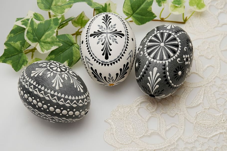 three, white-and-black, floral, painted, stones, easter nest, geese eggs, bossi technology, decoration, easter