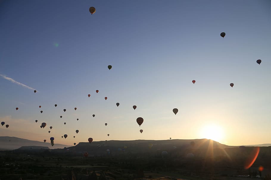 panas, balon udara, langit, balon, kalkun, matahari, perjalanan, pariwisata, cappadocia, udara