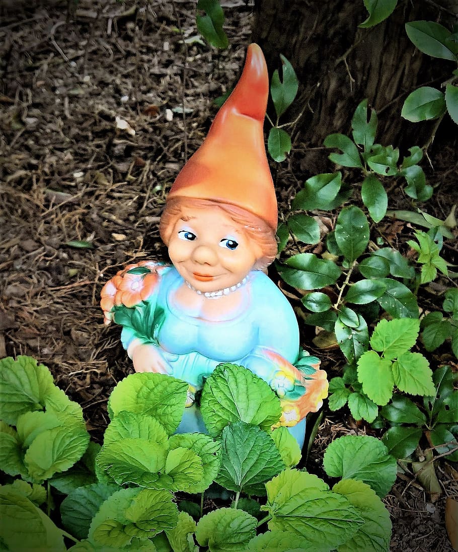 garden gnome, garden dwarf, woman, small figure, garden, fabric, imp, colorful, decoration, women's power
