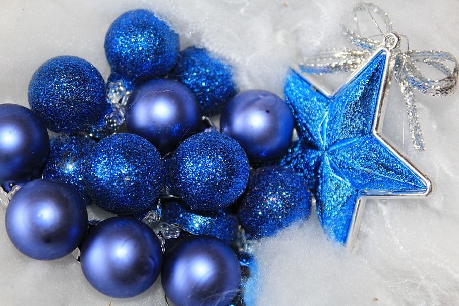 blue baubles, Christmas, Star, Decoration, Jewellery, christmas, star, poinsettia, christmas time, background, christmas Ornament