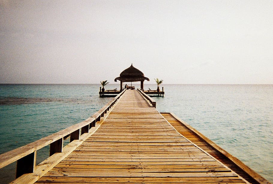 empty, brown, wooden, dock, body, water, sky, pier, wood, tropical