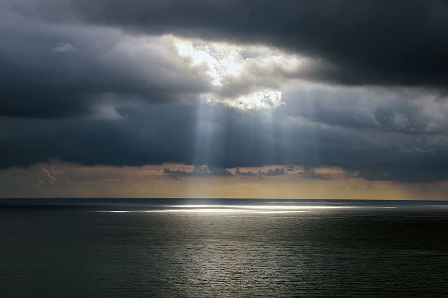 ocean, crepuscular rays, sky, clouds, cloudy, seascape, water, reflections, lights, contrast