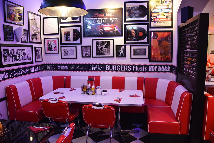restaurant, interior, paintings, corner table, cafe, american diner, table, corner, perspective, restaurant table
