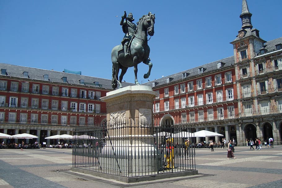 madrid, square, architecture, sculpture, art and craft, statue, representation, built structure, male likeness, history
