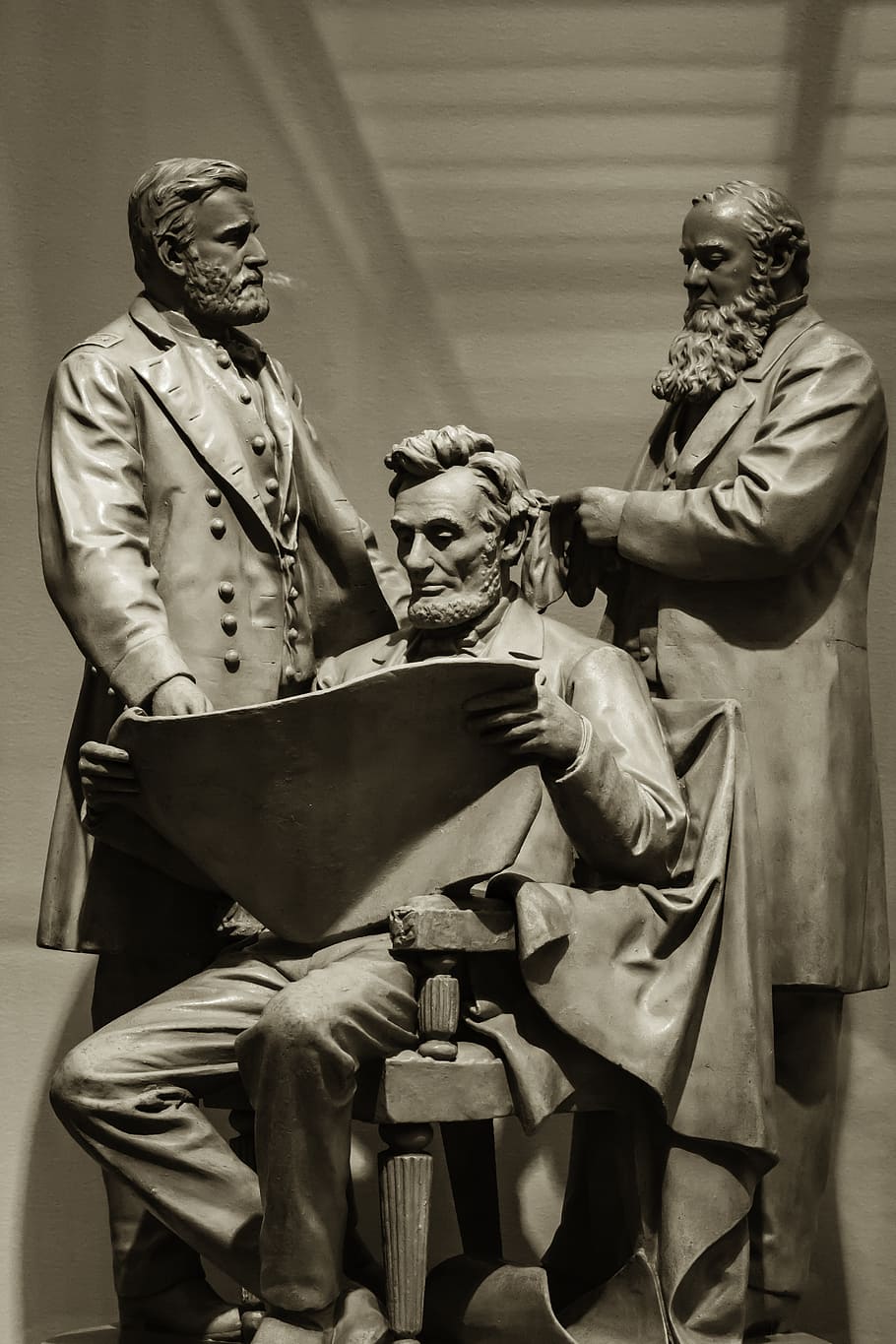 Council, War, Abraham, Lincoln, sitting, concrete, statue, indoors, arts culture and entertainment, men