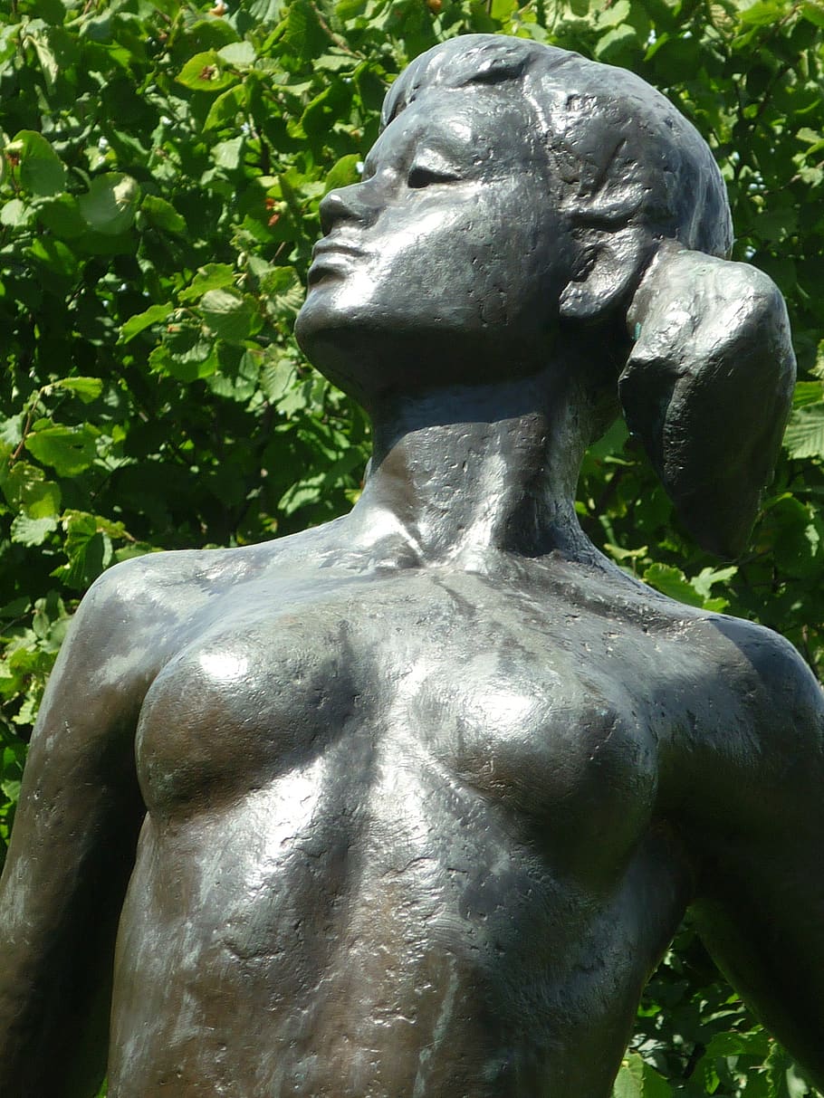 bronze sculpture, boy, woman, attractive, upper body, summer, sculpture, statue, art and craft, human representation