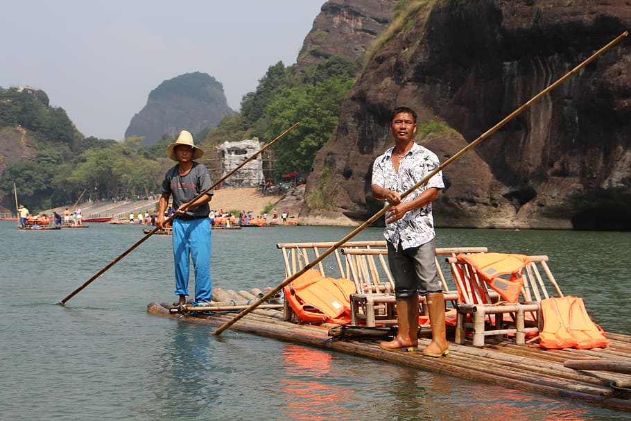 longhu mountain, raft, labor, coincidence, real people, men, standing, water, full length, river