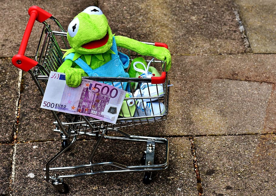 green, holding, 500 euro banknote, Kermit, Shopping Cart, Frog, shopping, fun, stuffed animal, toys