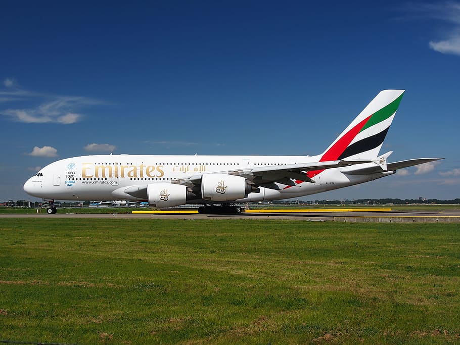 emirates airliner, runway, emirates, airbus a380, aircraft, plane, airplane, airport, jet, technology