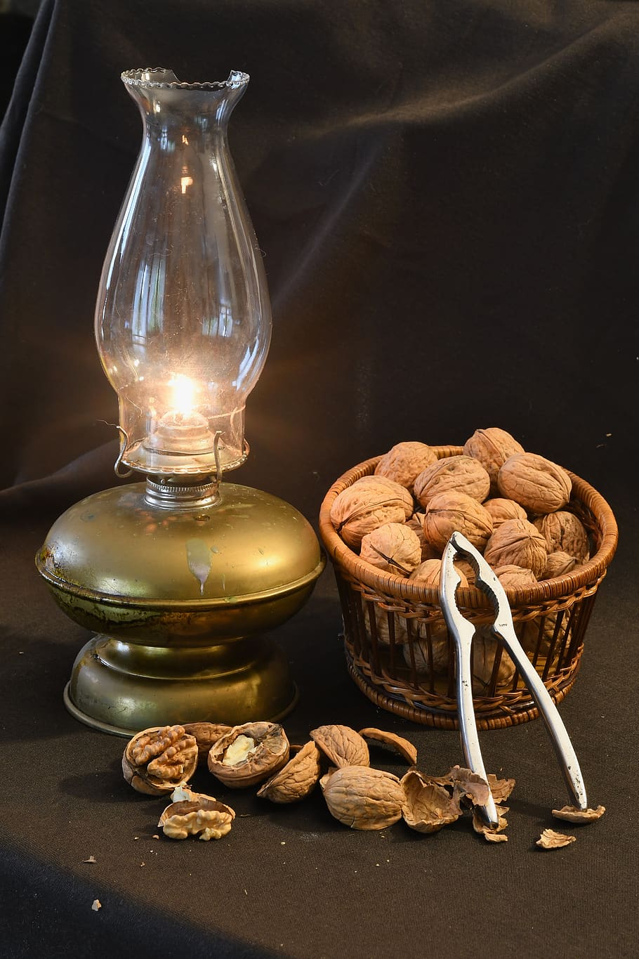 still life, lamp, walnuts, reflections, food, food and drink, table, freshness, nut, container