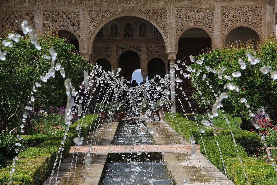 water fountain, building, alhambra, source, andalusia, granada, water, patio, spain, architecture