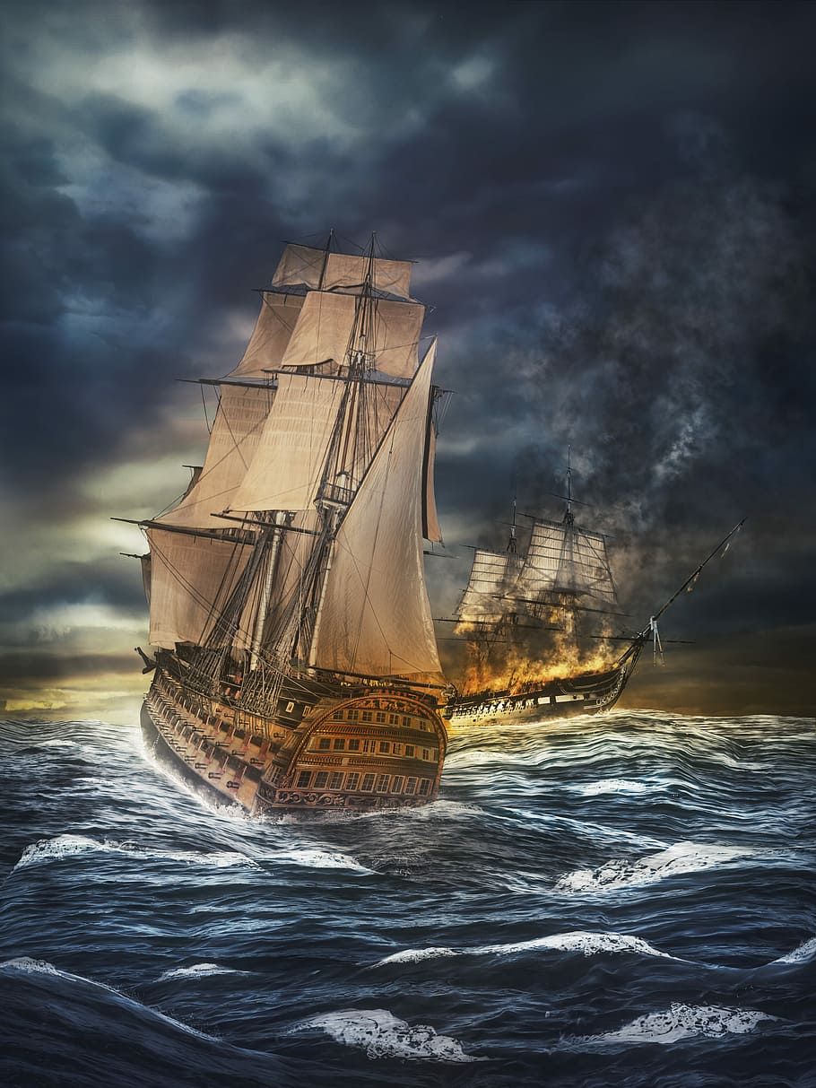 fotografía, dos, marrón, batalla naval, océano, barco, velero, antiguo, históricamente, piratas