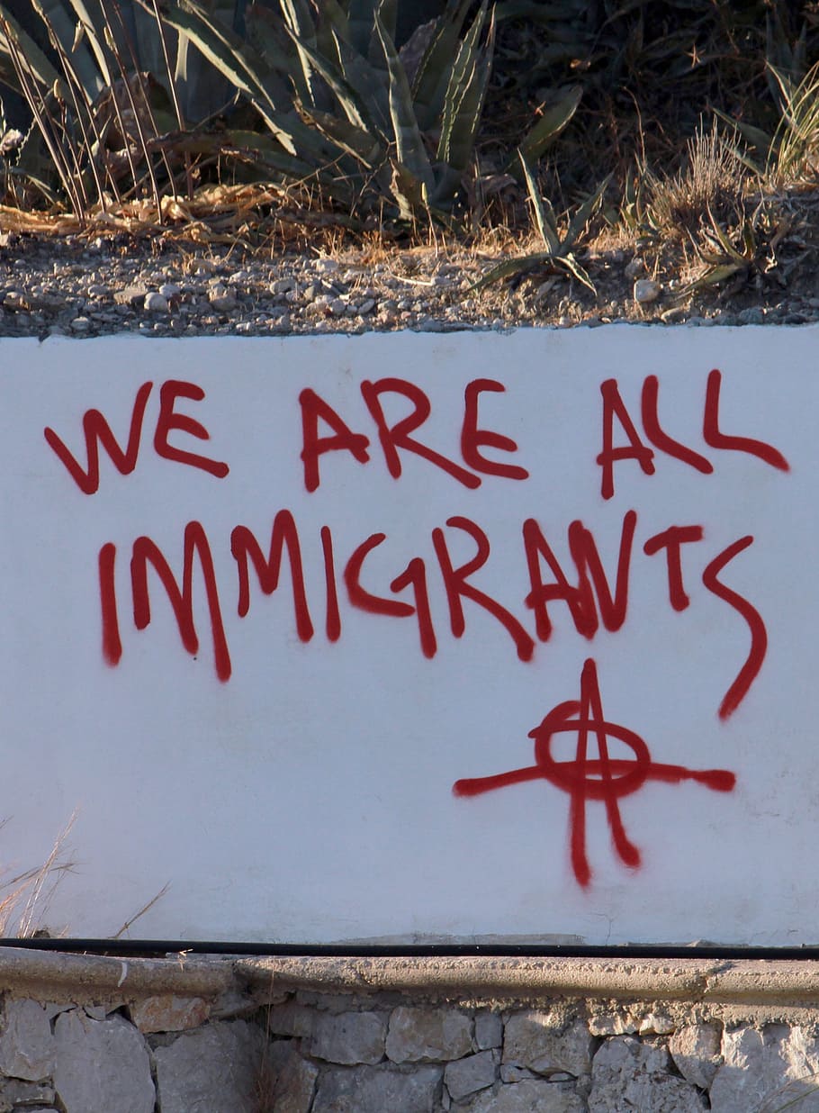 graffiti, trump, immigrants, protest, refugees, text, communication, day, western script, red