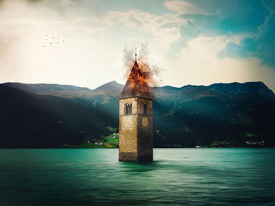 foto, pembakaran, coklat, menara bata, tengah, laut, siang hari, bata, menara, danau